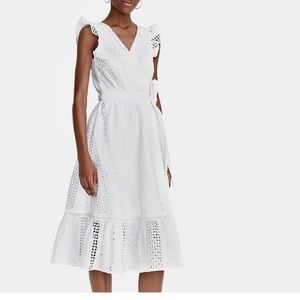White cotton eyelet fully lined wrap midi dress
